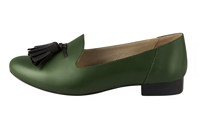 Forest green and satin black women's loafers with pompons. Round toe. Flat leather soles. Profile view - Florence KOOIJMAN